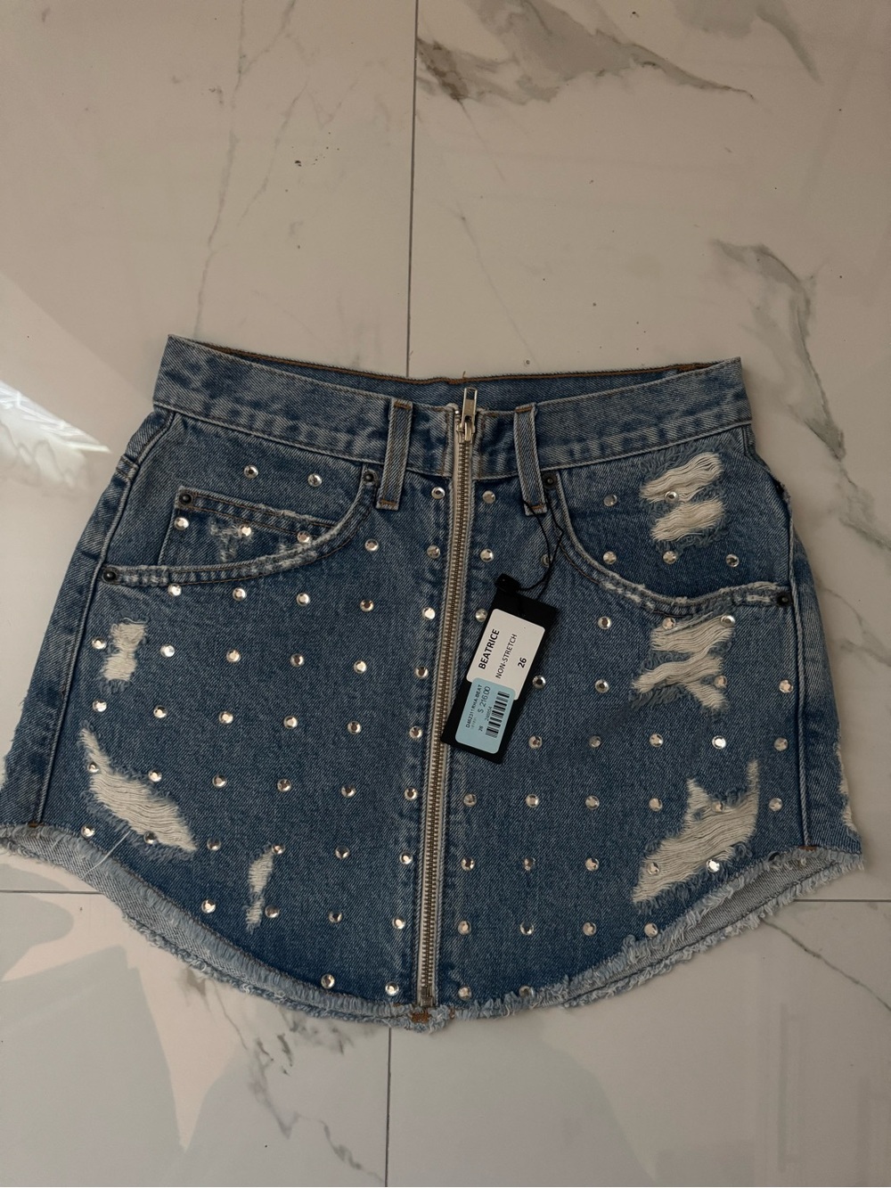 Carmar Women’s Distressed Studded Denim Skirt with Front Zip